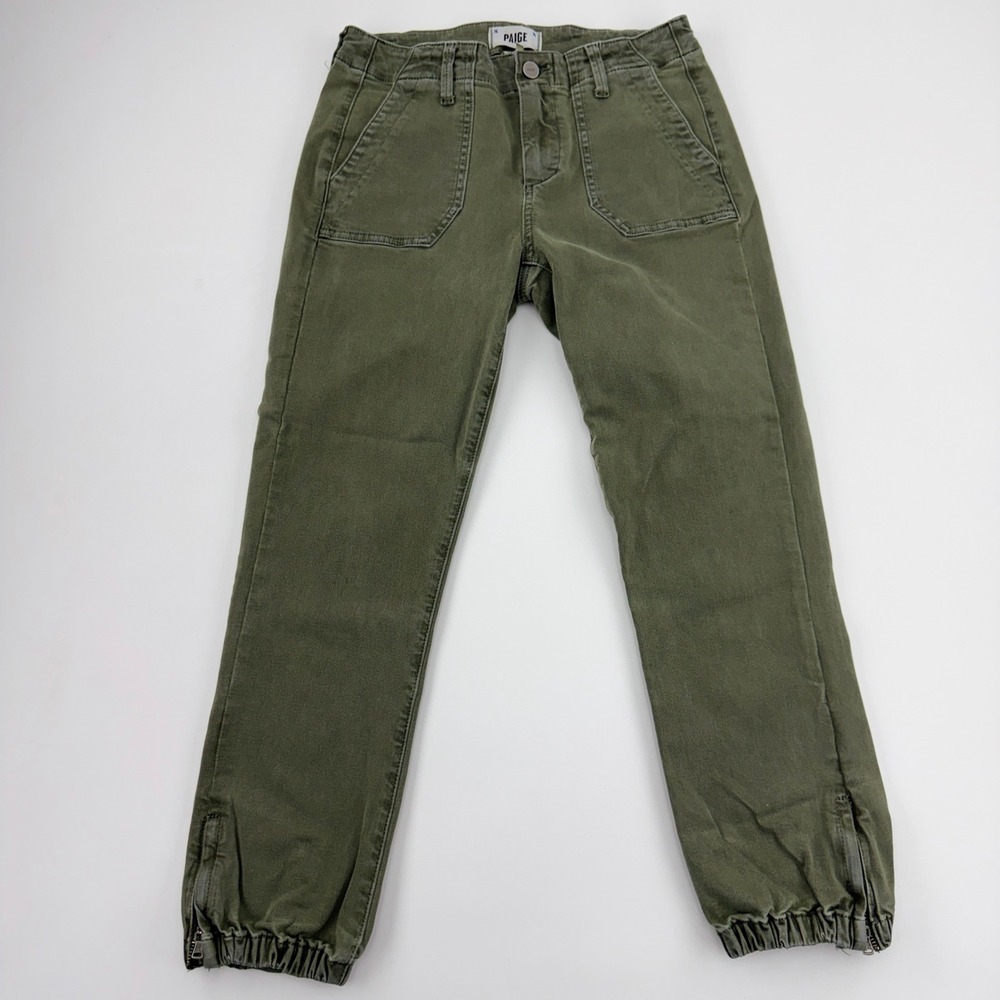 Paige Mayslie Jogger Pants Olive Green Utility Slim Fit Ankle Zip Women 26